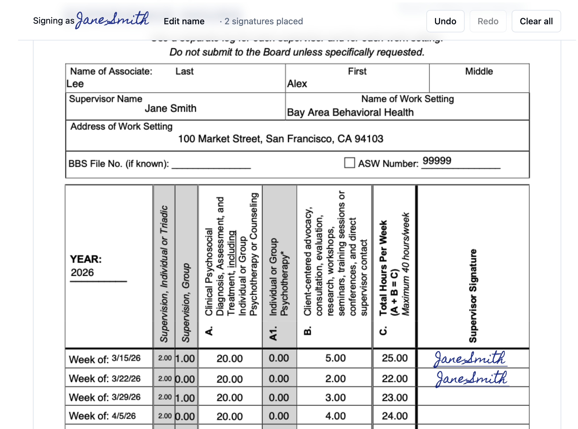 The review step showing the weekly supervision log with the signature on every Supervisor Signature row
