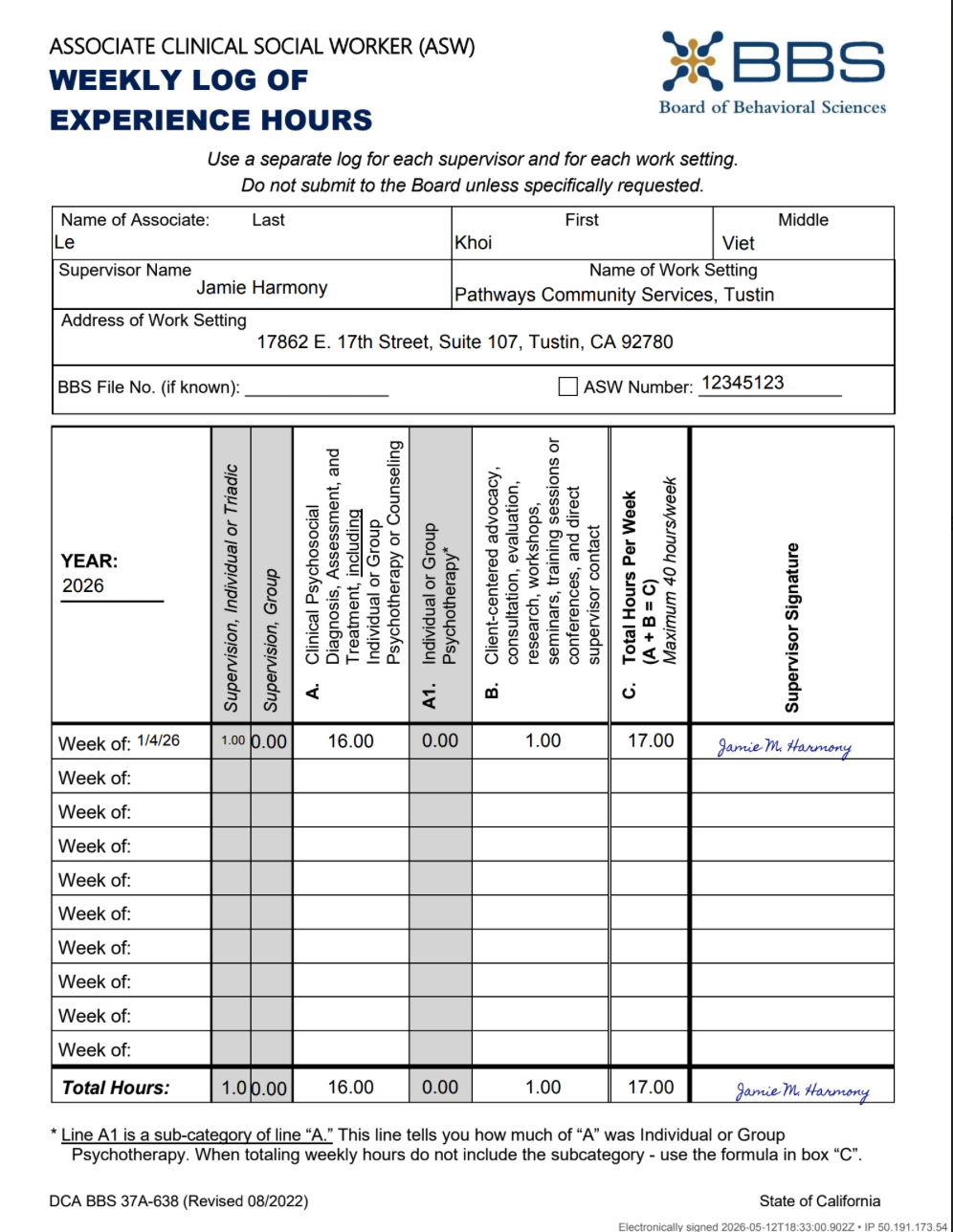 A completed, signed weekly log of experience hours with the supervisor signature stamped on each attested row